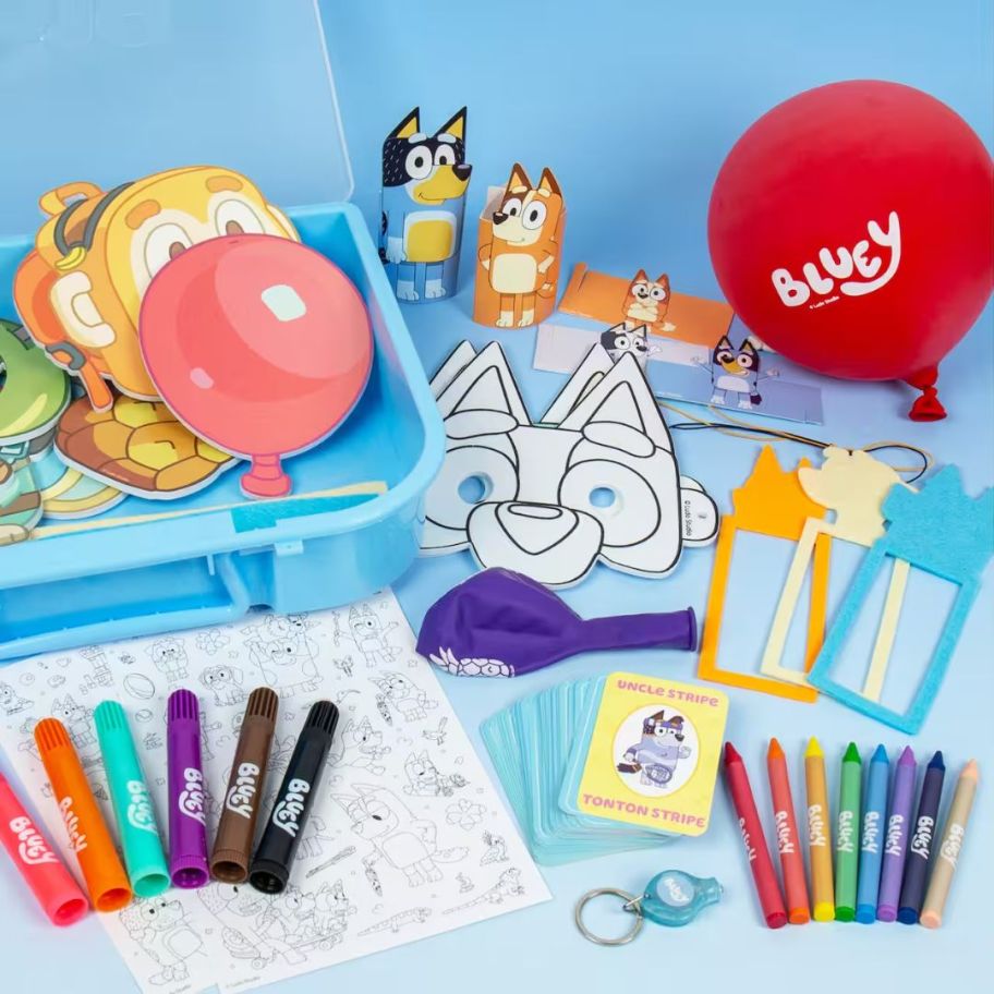 craft items, markers, stickers, balloon from a Bluey Imagination Case