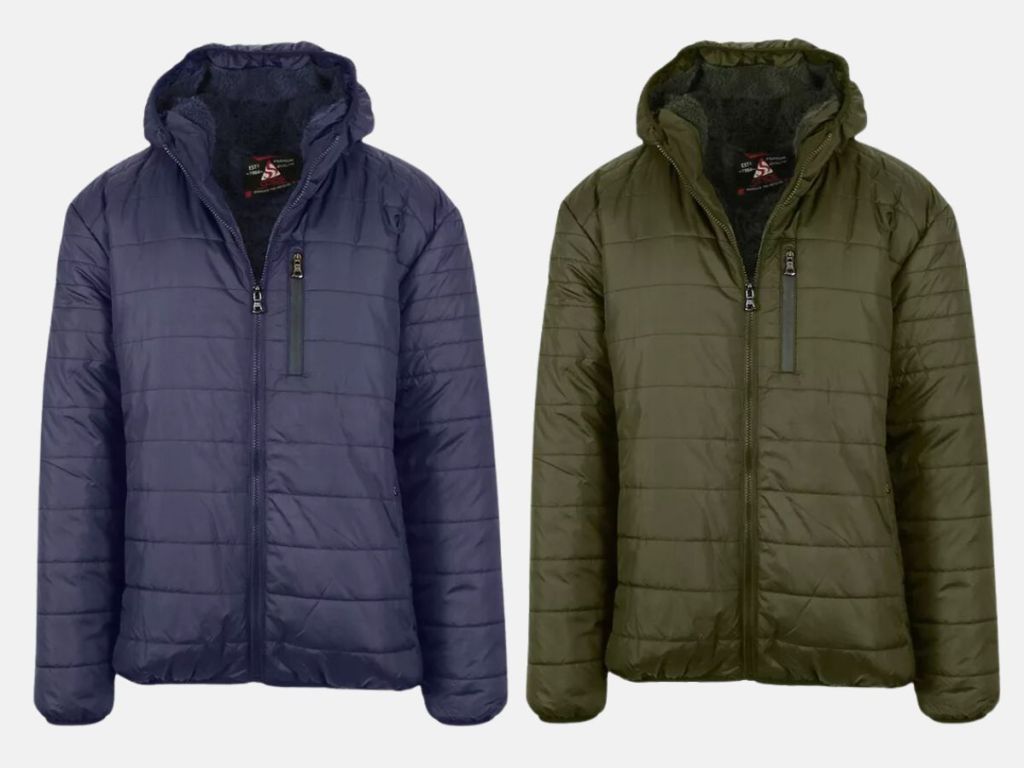 navy blue and olive green men's sherpa lined puffer jackets