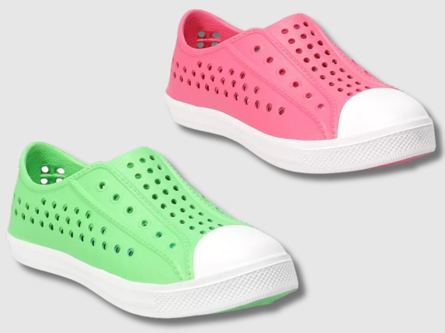 bright green and white and pink and white kid's water sneaker shoes