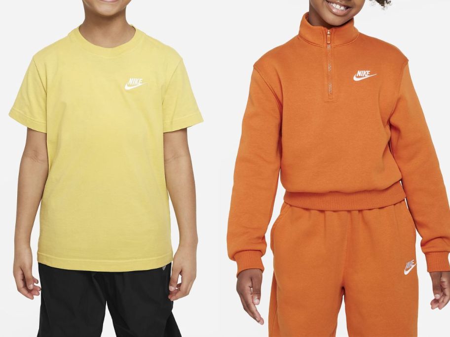 little boy wearing a yellow Nike tshirt and girl wearing an orange nike crop zip jacket