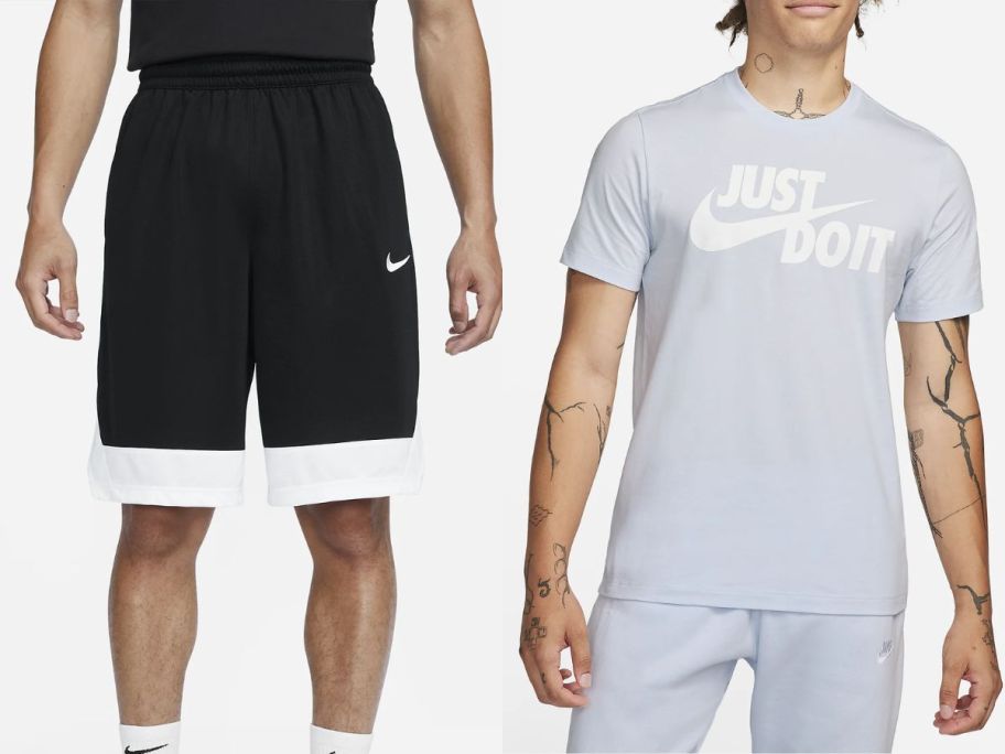 man wearing black and white nike basketball shorts and man wearing a grey Nike t-shirt