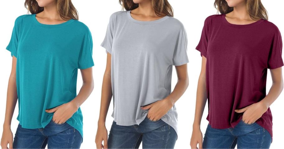 women wearing different color loose fit crew neck high low t-shirts
