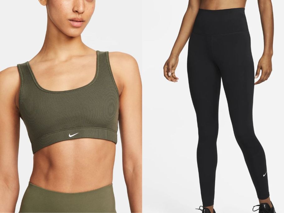 woman wearing an olive green Nike sports bra and woman wearing black Nike leggings