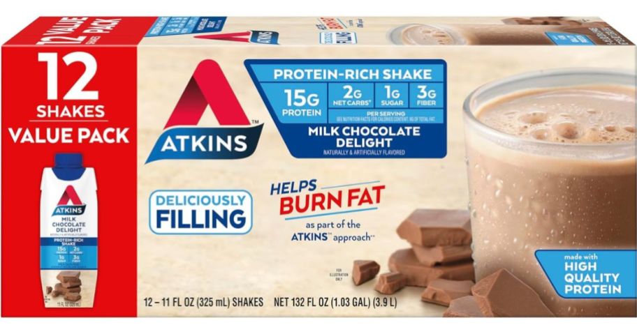 Box of 12 Atkins Milk Chocolate Delight Protein Shakes 
