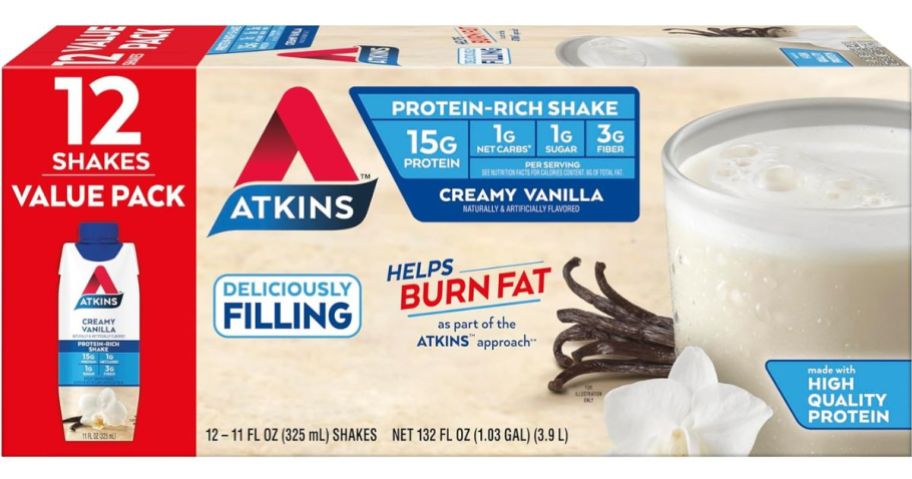 box of 12 Atkins Creamy Vanilla Delight Protein Shakes