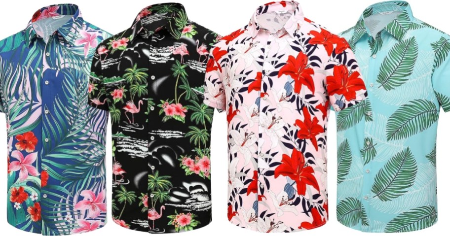 different styles of colorful men's Hawaiian shirts