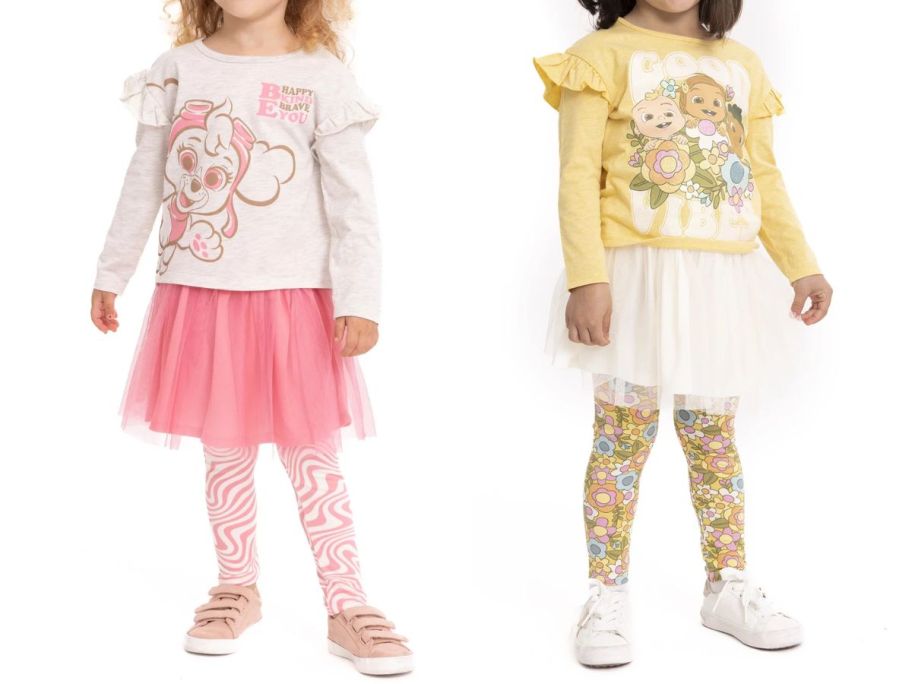 little girls wearing Paw Patrol and Cocomelon outfits with tutu skirts, leggings and tops