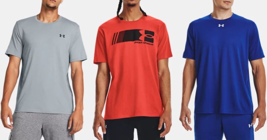 3 men wearing different color and style Under Armour Tees
