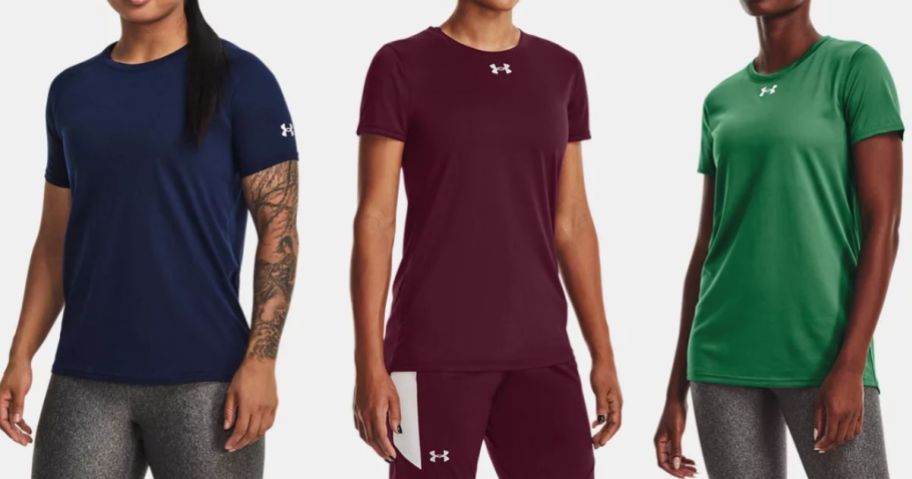 3 women wearing different color and style Under Armour Tees