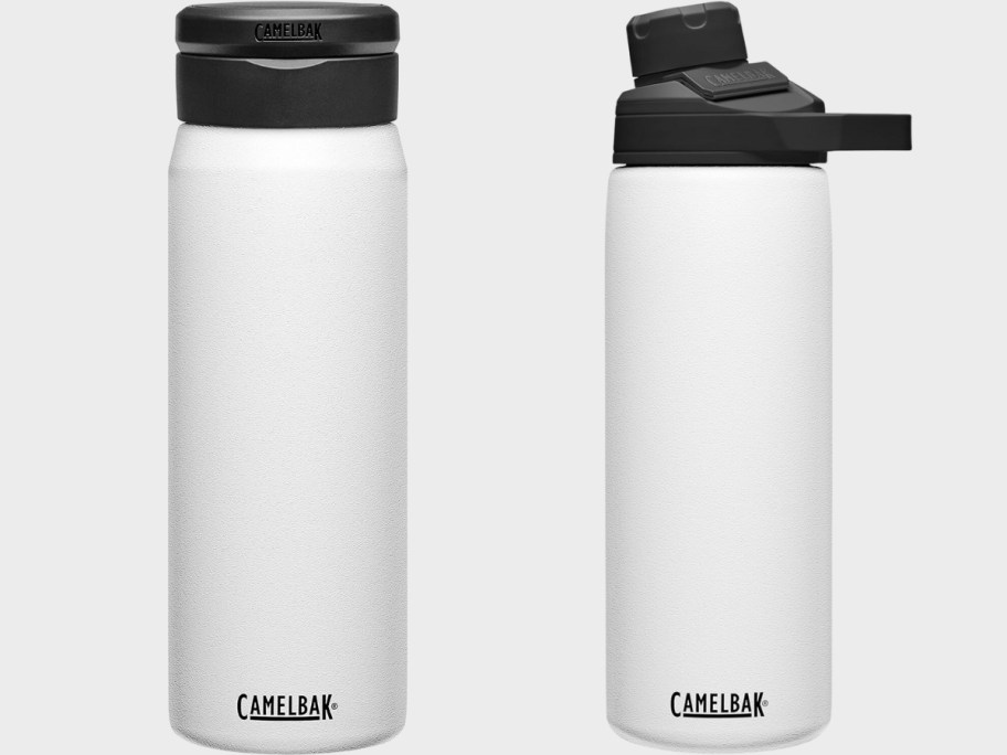 2 white CamelBak water bottles with black tops