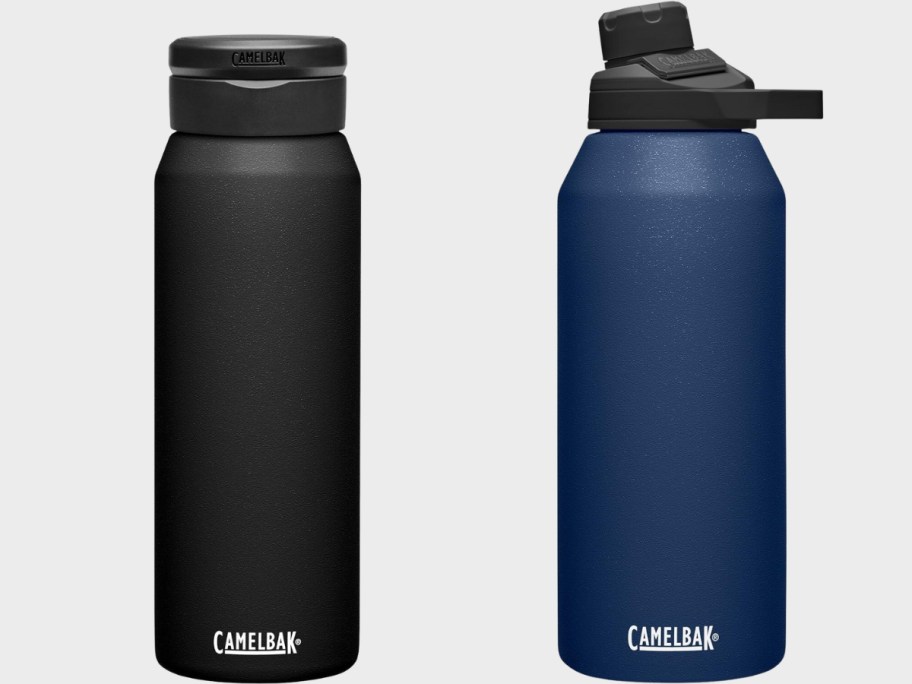 black flat top CamelBak water bottle and navy flip top CamelBak water bottle