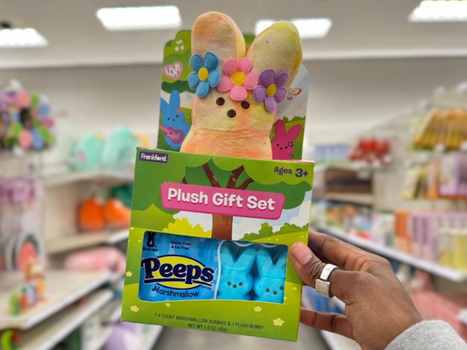 hand holding a Peeps Easter Plush Flower Power Bunny gift box set
