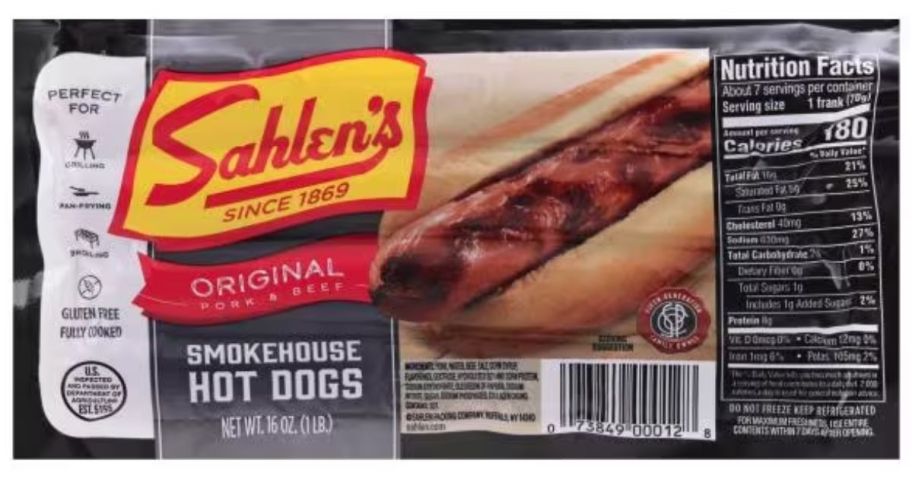 pack of Sahlen's Original Smokehouse hot dogs