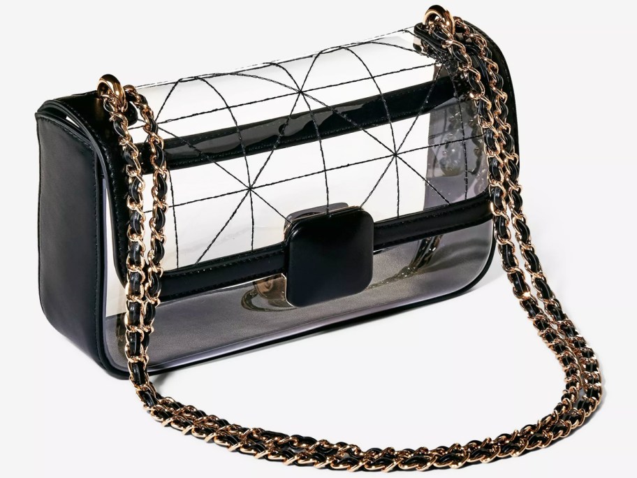 black and clear bag with gold chain strap