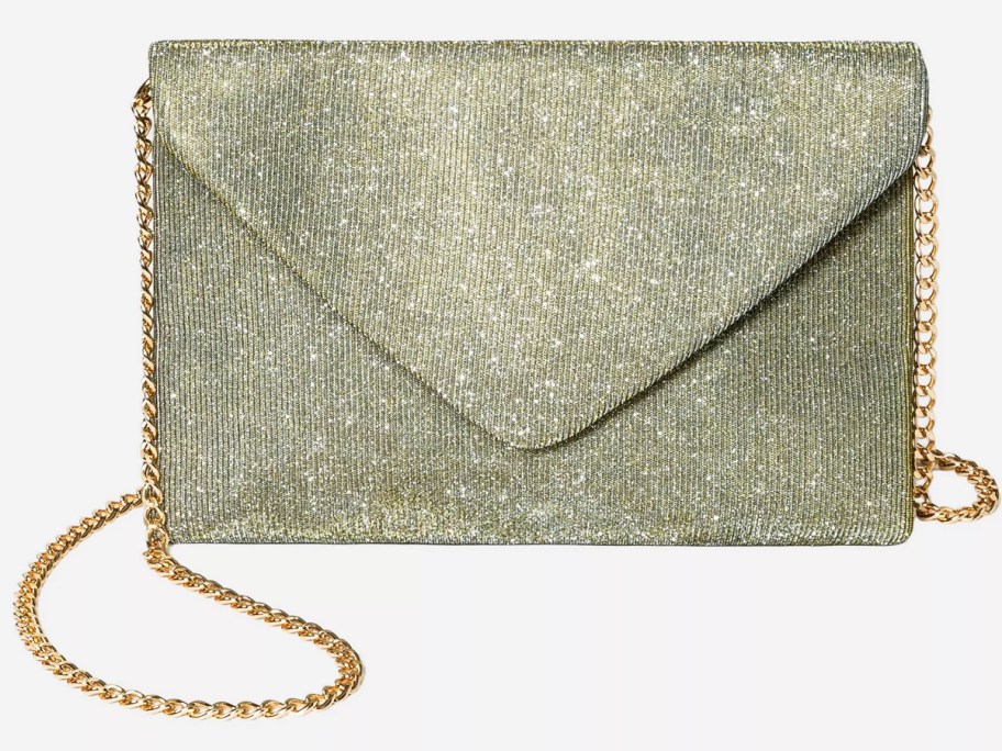 sparkly envelope clutch with gold chain strap