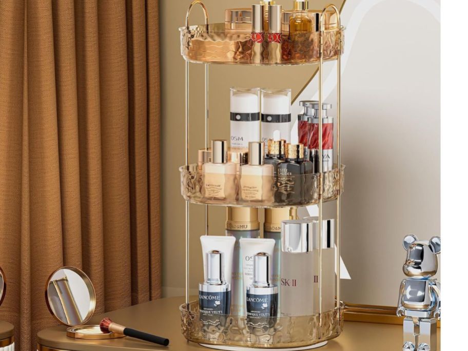 Stock image of a 3-tier rotating makeup organizer