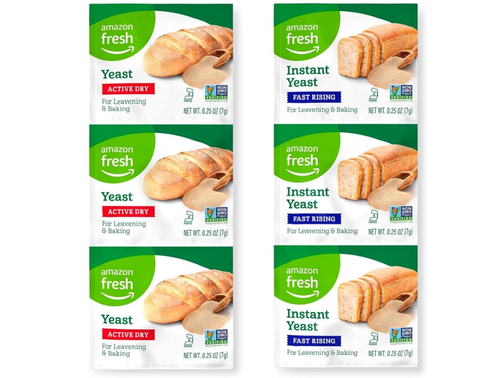 3-packs of amazon fresh active dry and instant fast rising yeast