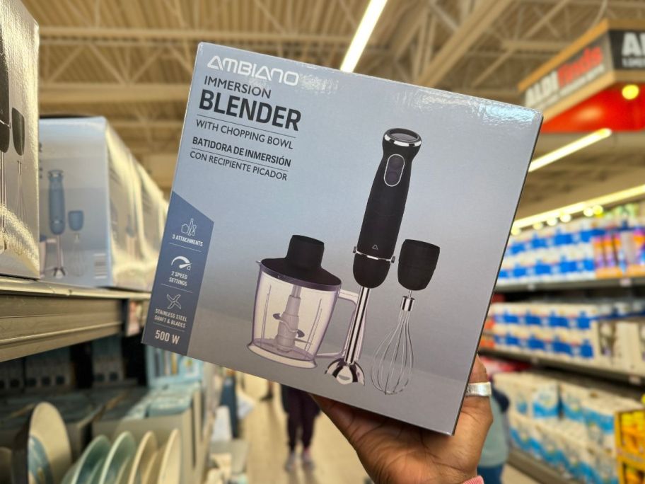 A hand holding an immersion blender