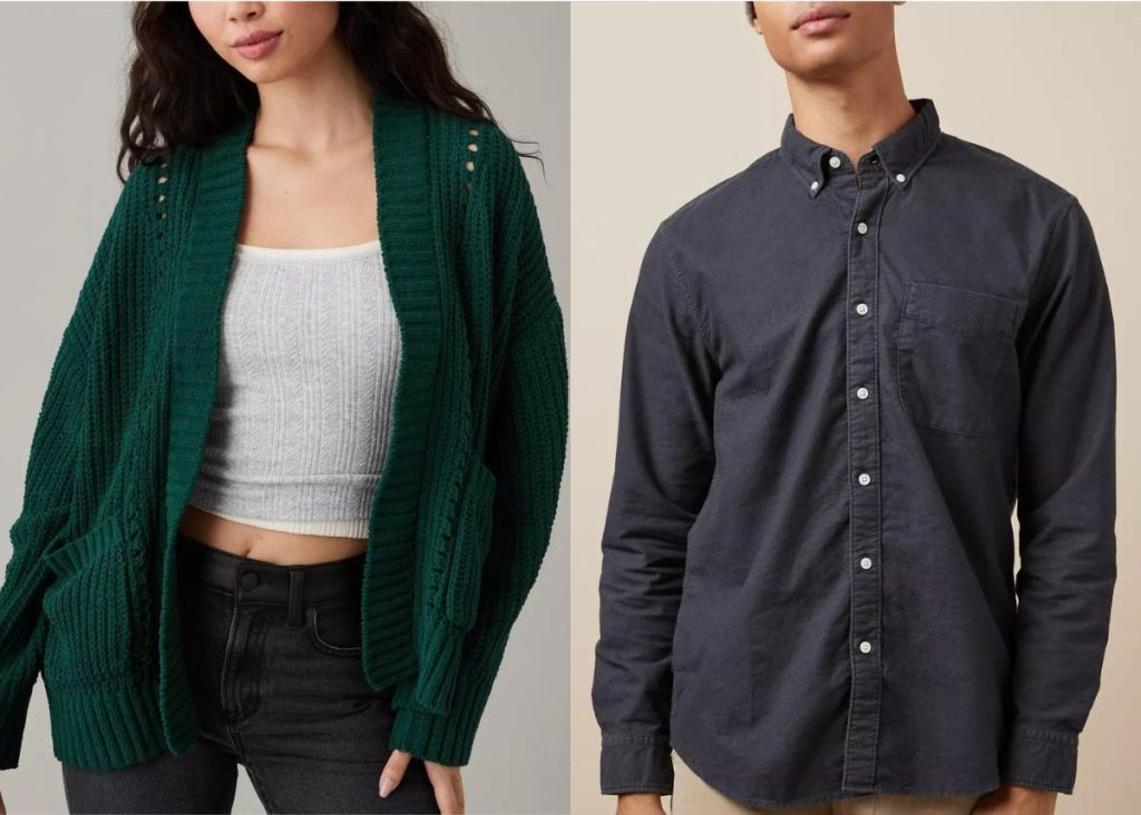 Stock images of a woman and a man wearing American eagle clothing