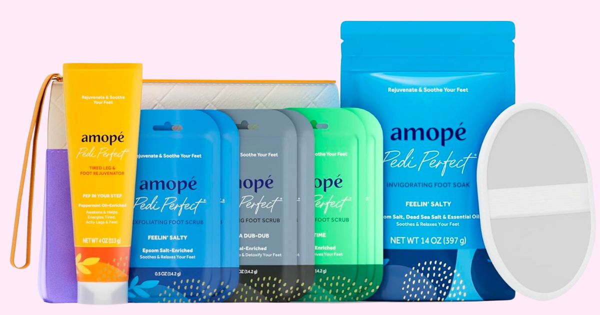 a yellow tube, 6 packets in blue, green and gray pouches, a big blue bag of foot soak and a scrubber from the amope 10 piece foot pampering kit