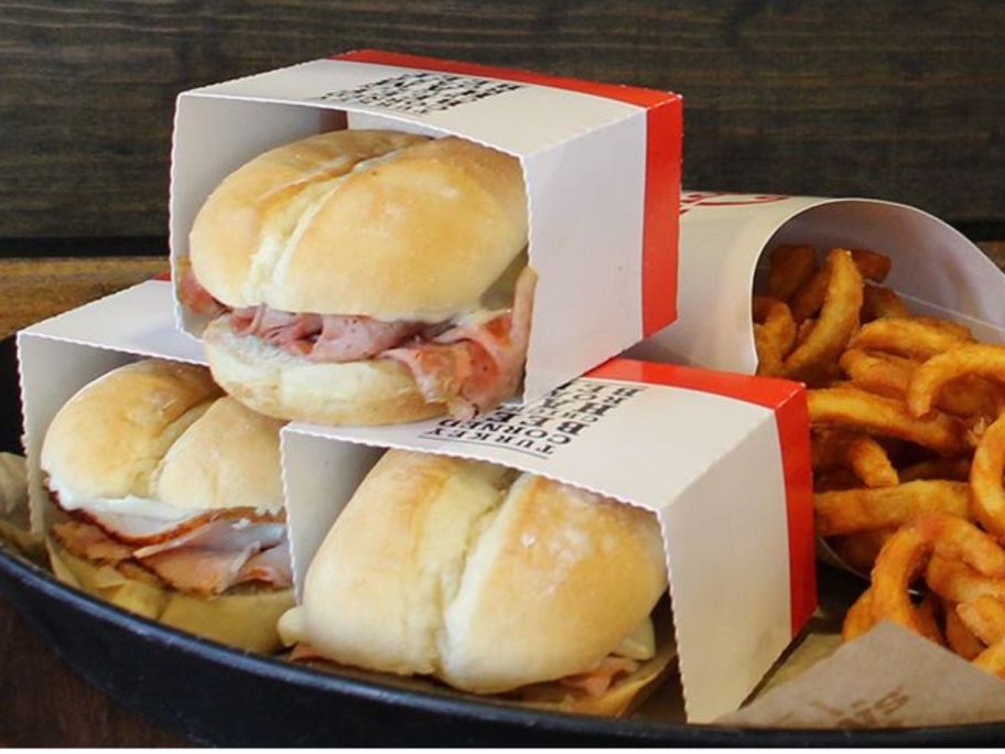 A tray full of Arby's sliders