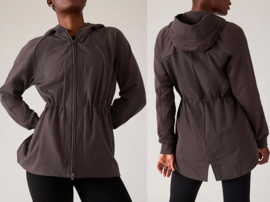 Stock images of a woman wearing a Hydrid Jacket from Athleta