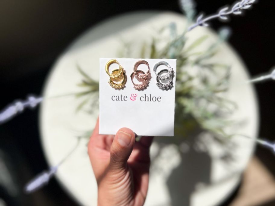 hand holding cate & chloe box with gold, rose gold, and silver earrings on box