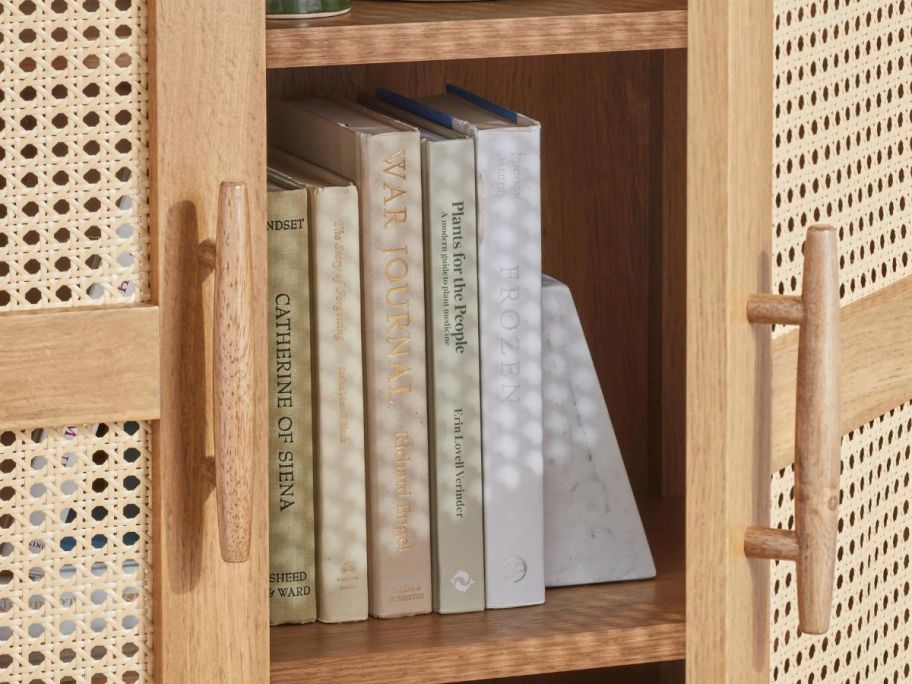 Close up view of the slightly open door on a Better Homes & Gardens Springwood Cane Shelf