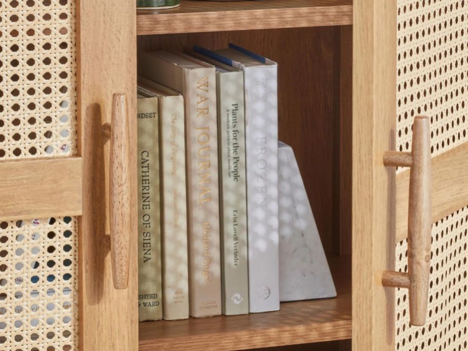 Close up view of the slightly open door on a Better Homes & Gardens Springwood Cane Shelf