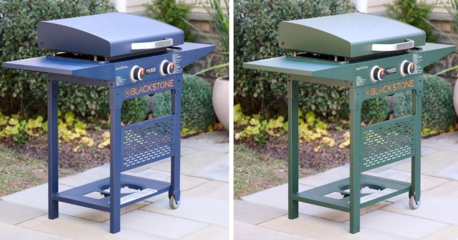blue and green Blackstone 22" Dual-Burner Griddle Grills on patio