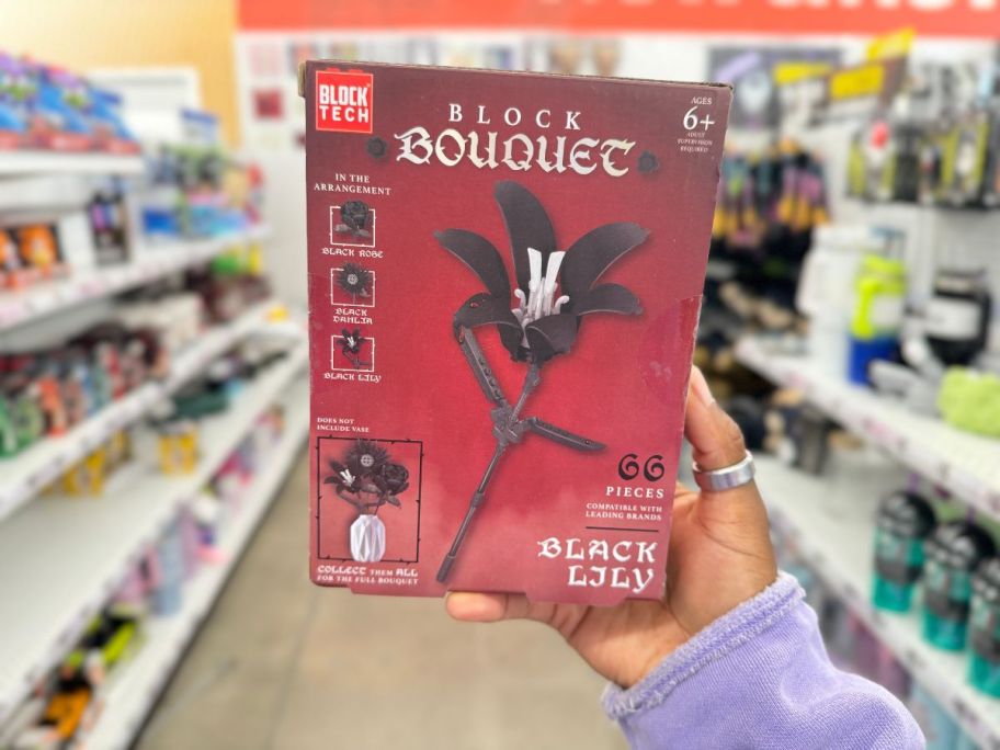 A person holding a Block Bouquet Black Lily box in a store