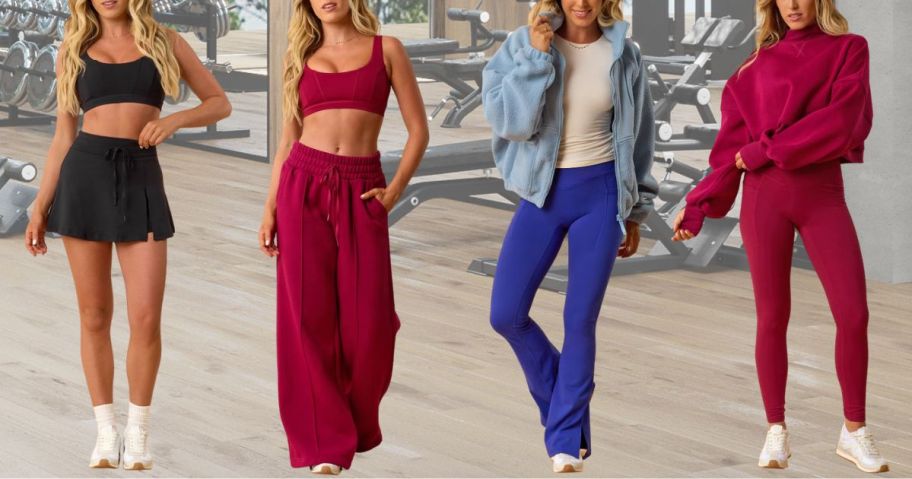 4 wonen wearing Blogilates Clothing in front of a gym