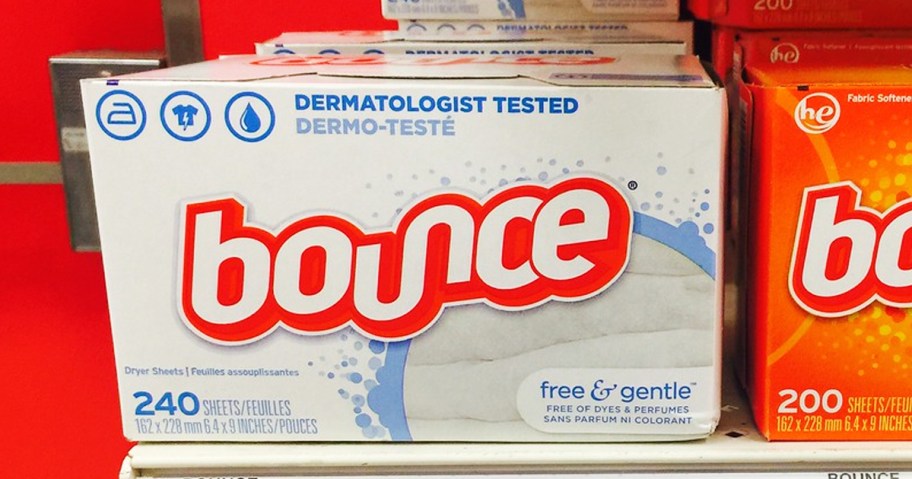 white boxes of bounce free & gentle dryer sheets on store shelf