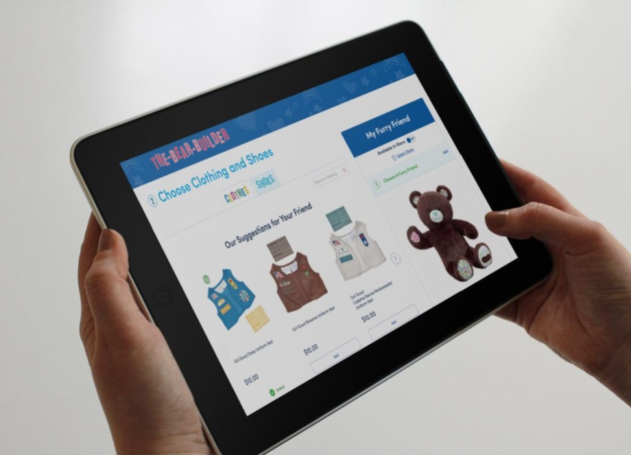 Tablet showing Girl Scout Build A Bear Accessories and Outfits
