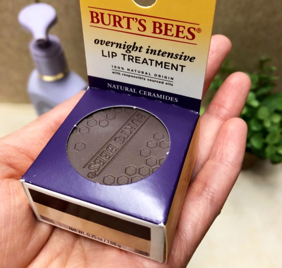 Burt's Bees Overnight Intensive Lip Treatment box in palm of hand