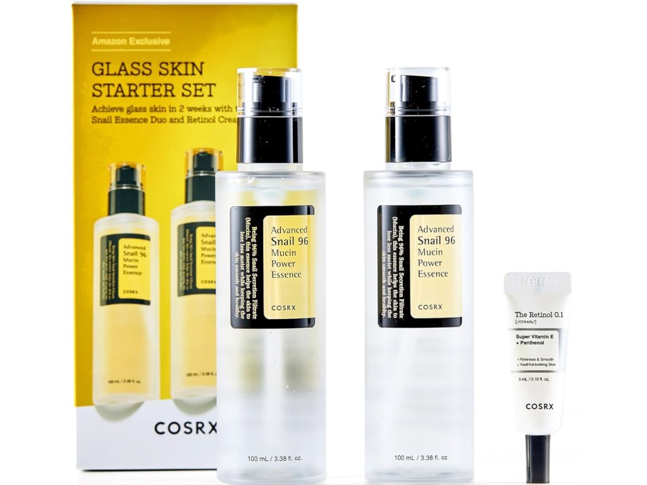 two full-size bottles of COSRX Advanced Snail 96 Mucin Power Essence and a mini Retinol 0.1 Cream