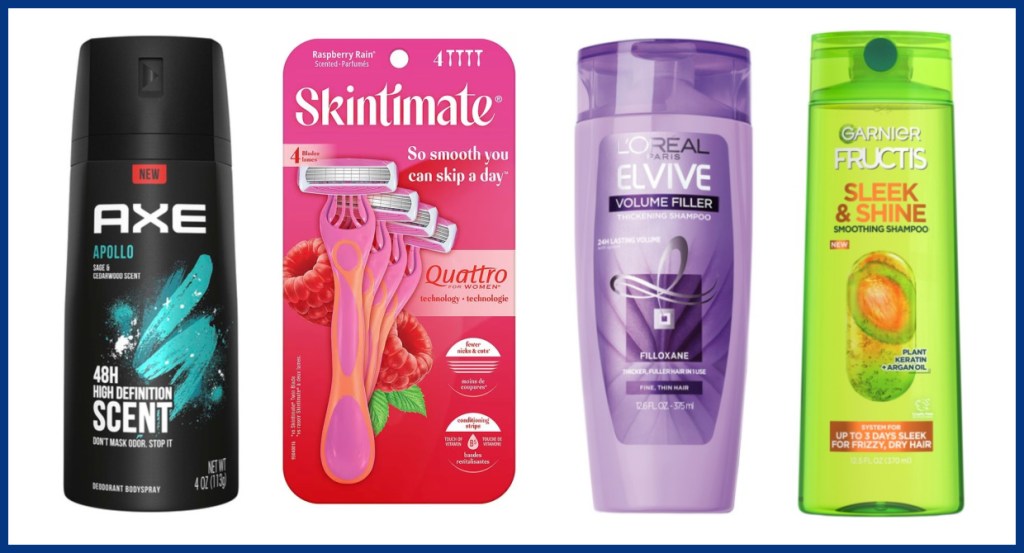deodorant, disposable razors and shampoo