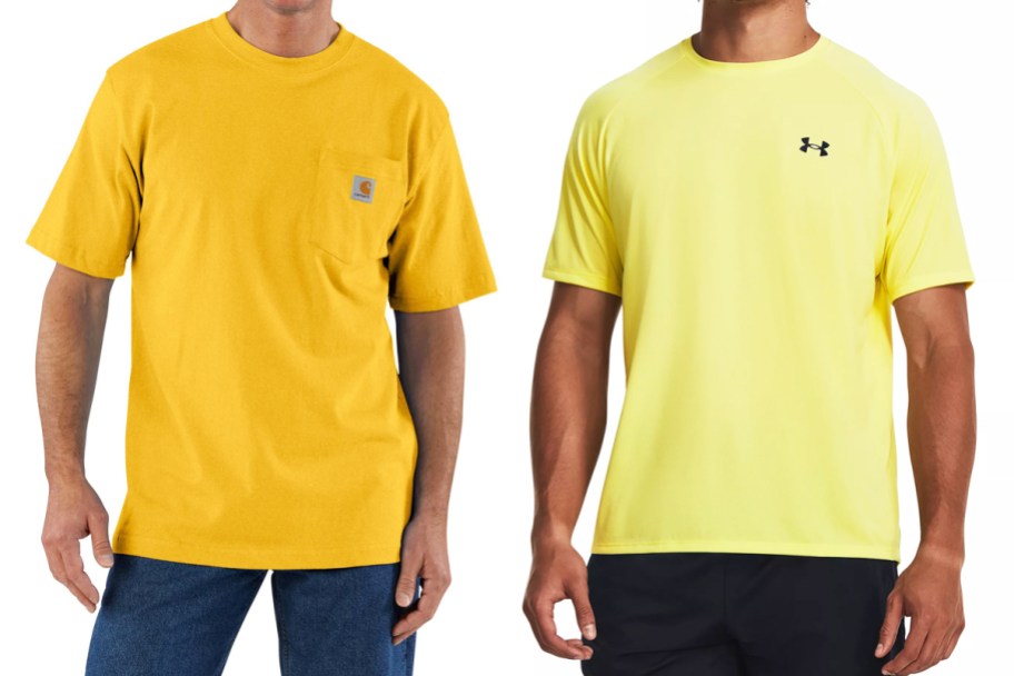 two men in yellow carhartt and under armour tees