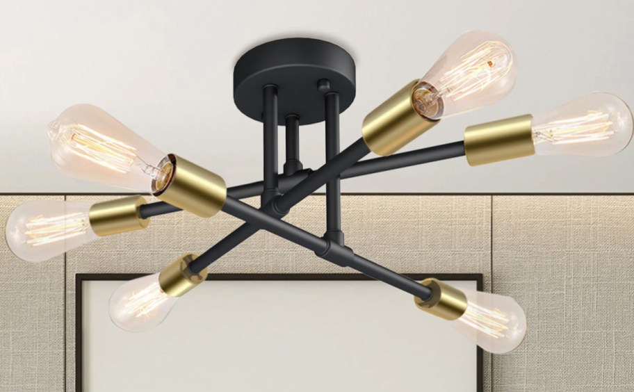 black and gold 6-light semi-flush mount light