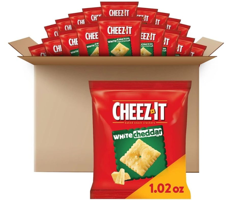 a 40 count box of cheez it crackers popping out the top of an open cardboard box with one bag in the foregorund