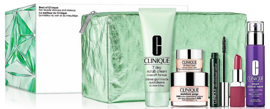 travel size clinique makeup and skincare items with green makeup bag