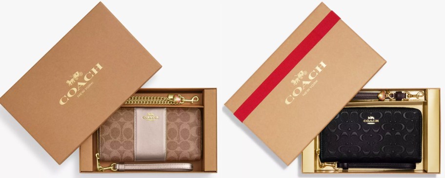 two boxed coach wallets