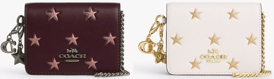 brown and white star print mini wallets on chains