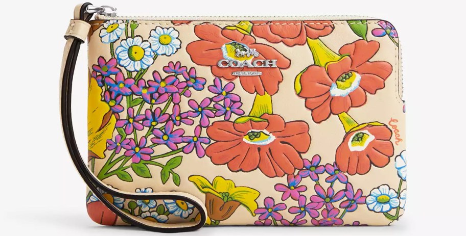 brightly colored floral print coach wristlet
