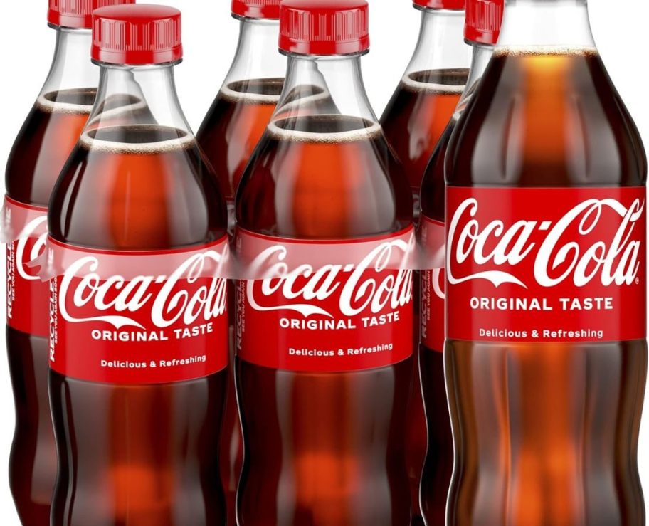 Stock image of a 6-pack of Coca-Cola 16.9oz bottles