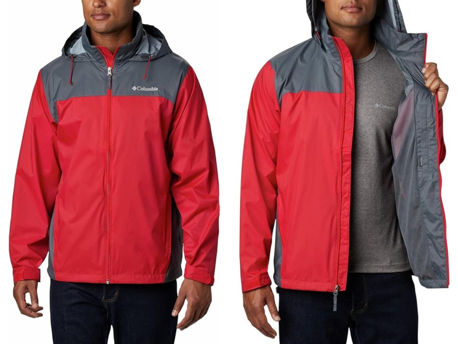 man showing different views of red and grey rain jacket