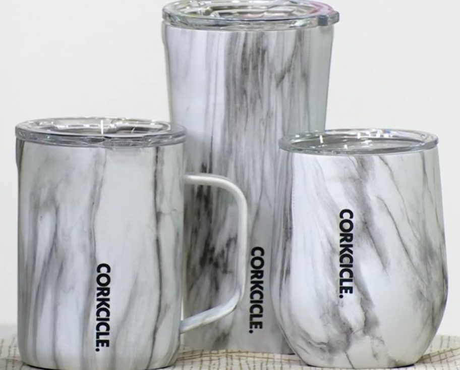 A 3-piece Corcicle Hydration set with a coffee mug, a tumbler and a wine tumbler.