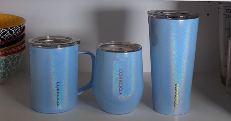 3 different Corkcicle drinkware items on a shelf
