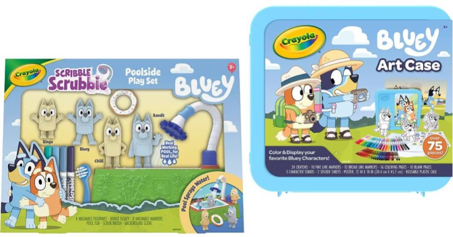 Stock images of two Crayola Bluey Sets
