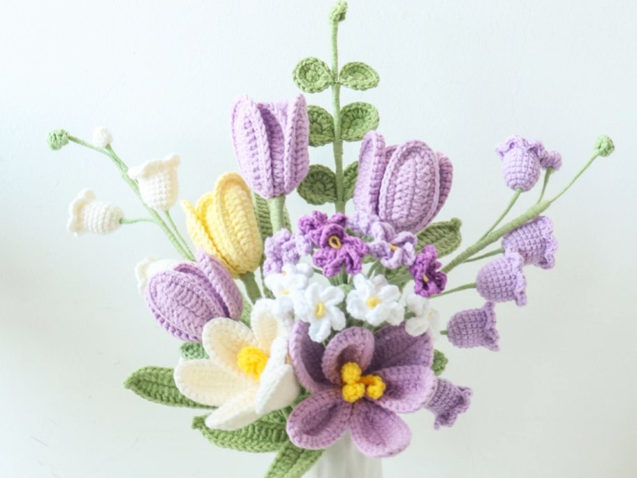 purple, white, and yellow crochet flower bouquet